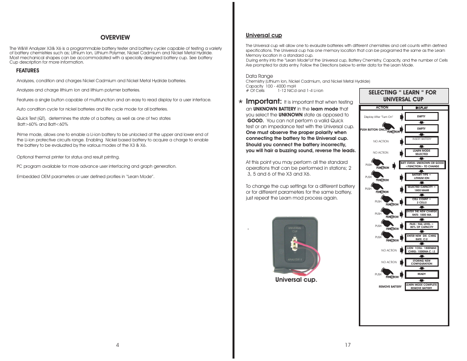 Important, Overview, Universal cup | Selecting “ learn “ for universal cup | W & W Manufacturing X3 & X6 User Manual | Page 4 / 10