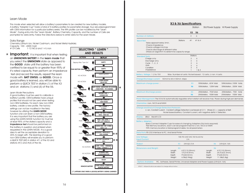 Important, Selecting “ learn “ and results, X6 specifications x | Learn mode | W & W Manufacturing X3 & X6 User Manual | Page 5 / 10