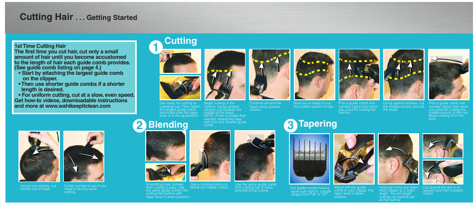 Cutting hair, Cutting blending, Tapering | Getting started | Wahl Hair Clippers User Manual | Page 2 / 4
