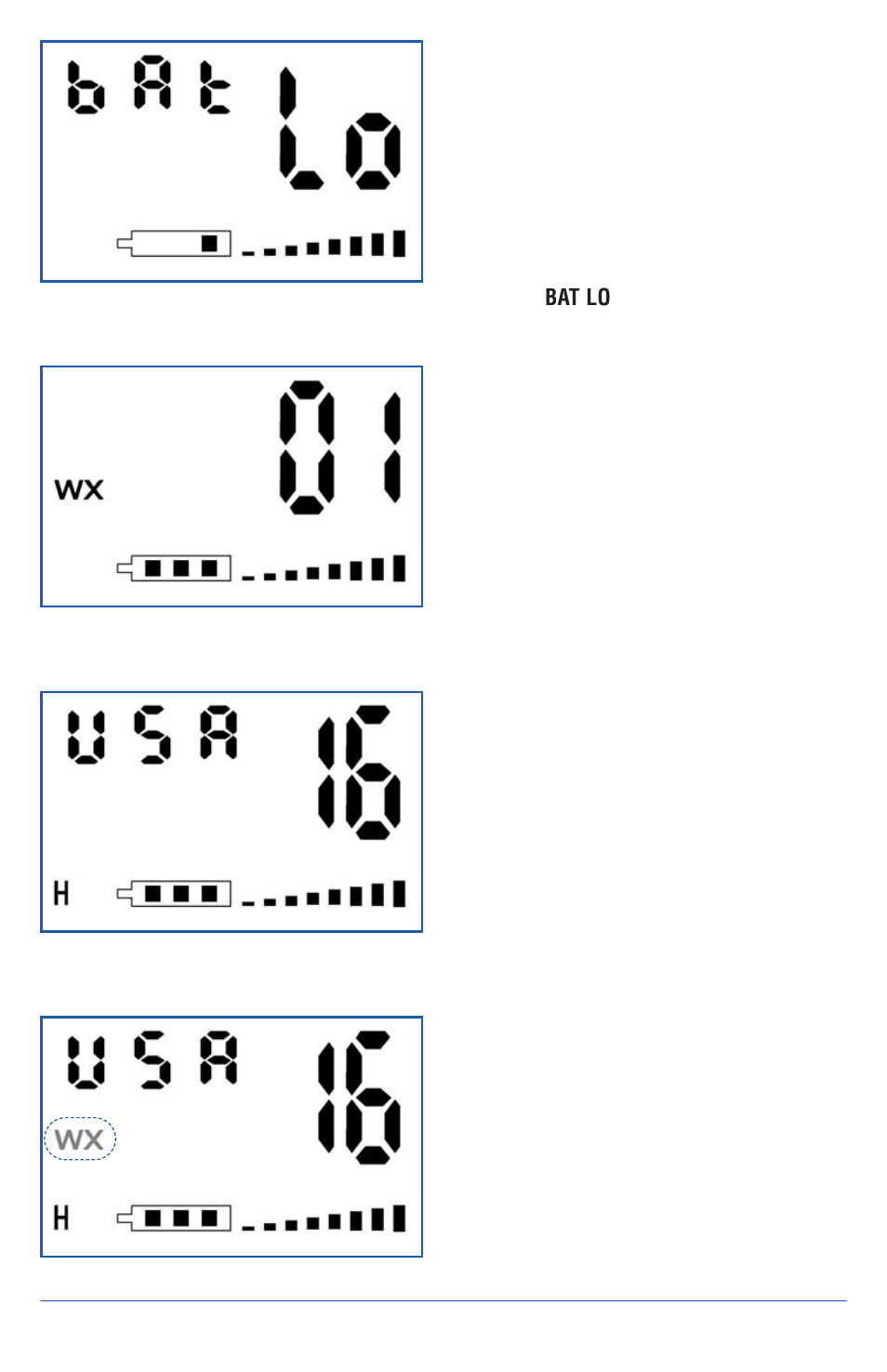 Battery level and low battery displays, Listening to the weather | West Marine VHF50 User Manual | Page 7 / 20