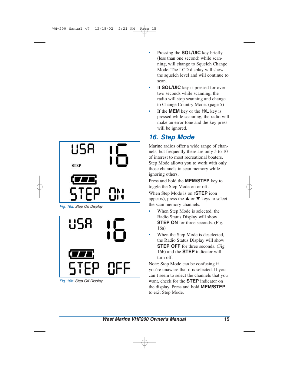 Step mode | West Marine VHF200 User Manual | Page 15 / 28