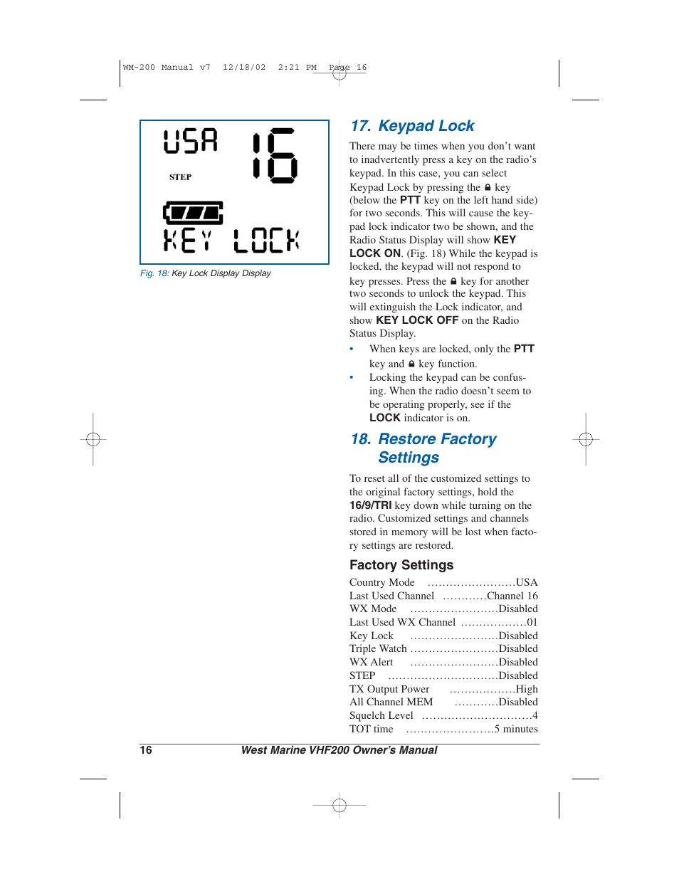 Keypad lock, Restore factory settings | West Marine VHF200 User Manual | Page 16 / 28