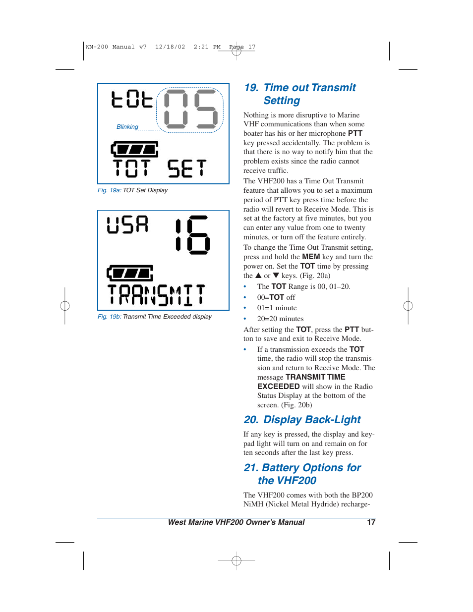 Time out transmit setting, Display back-light, Battery options for the vhf200 | West Marine VHF200 User Manual | Page 17 / 28