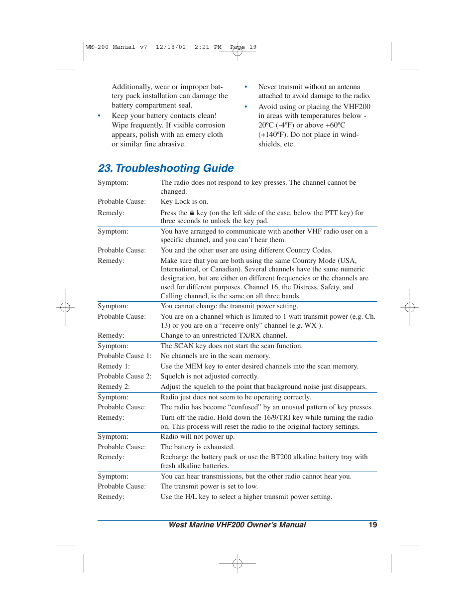 Troubleshooting guide | West Marine VHF200 User Manual | Page 19 / 28