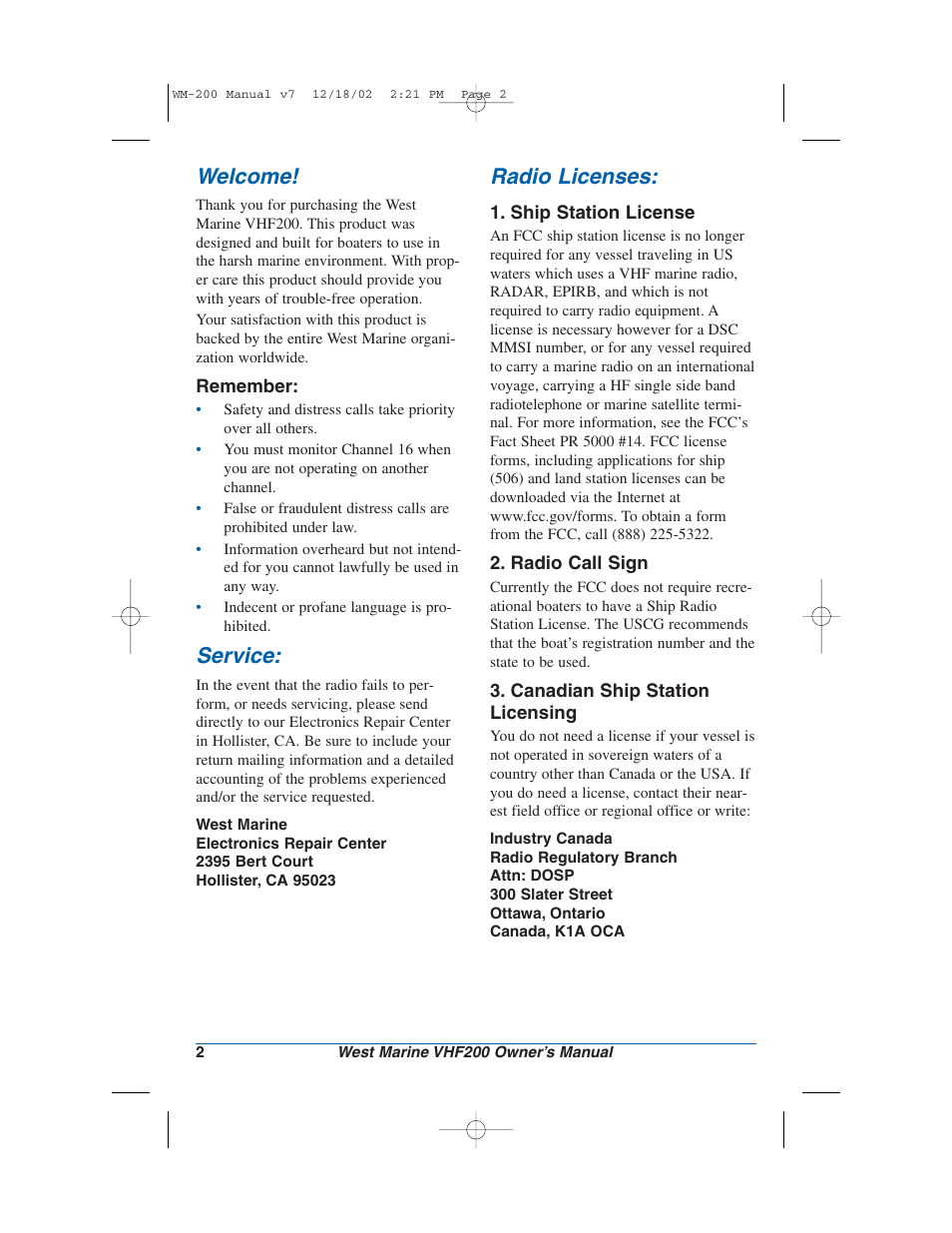 Welcome, Service, Radio licenses | West Marine VHF200 User Manual | Page 2 / 28