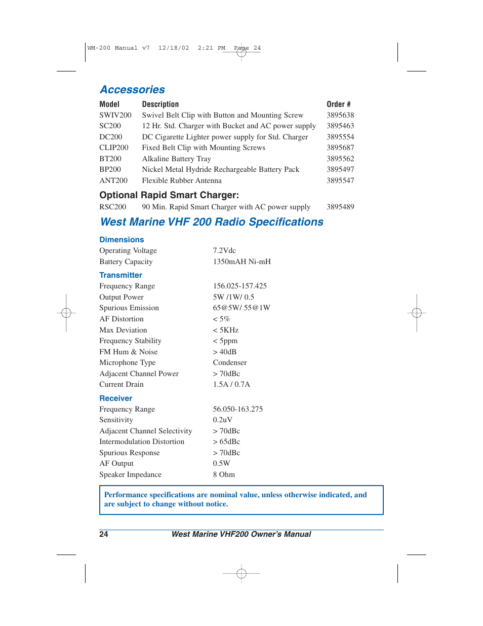 Accessories, West marine vhf 200 radio specifications | West Marine VHF200 User Manual | Page 24 / 28