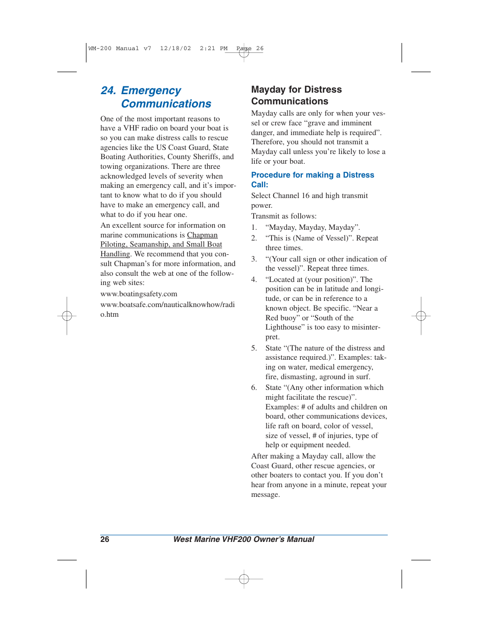 Emergency communications | West Marine VHF200 User Manual | Page 26 / 28