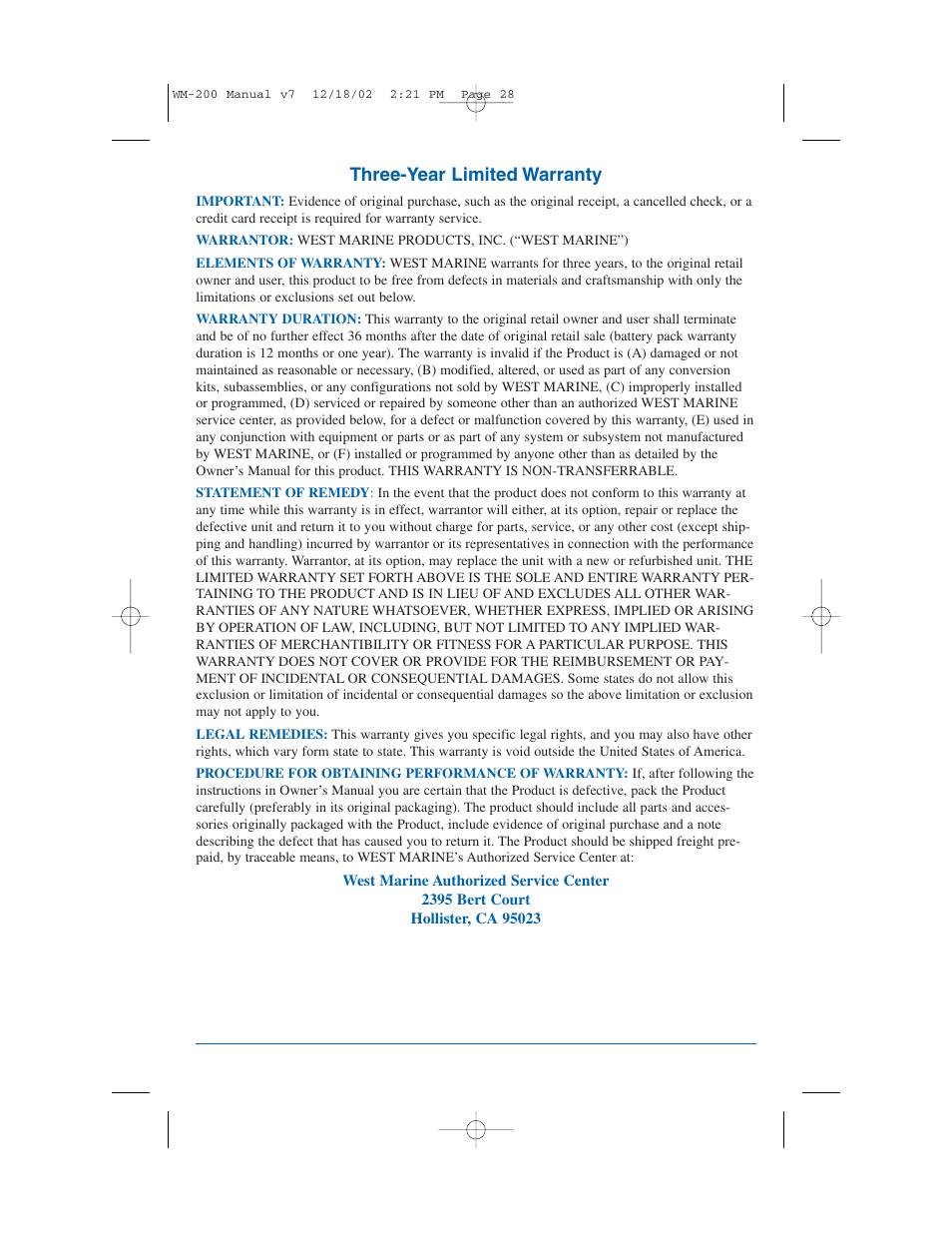 Three-year limited warranty | West Marine VHF200 User Manual | Page 28 / 28