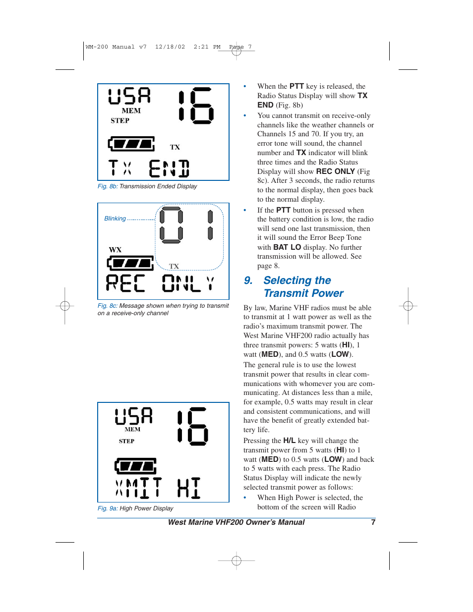 Selecting the transmit power | West Marine VHF200 User Manual | Page 7 / 28