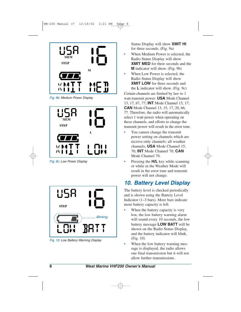 Battery level display | West Marine VHF200 User Manual | Page 8 / 28