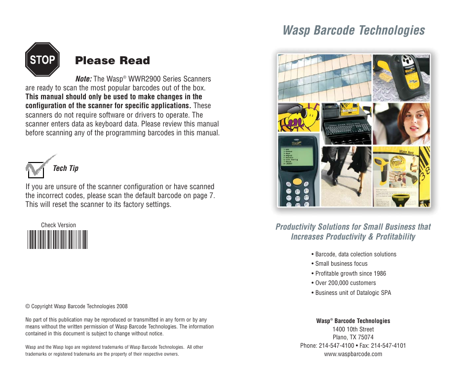 Pen scanner programming guide, Wasp barcode technologies, Please read | Wasp Bar Code WWR2900 User Manual | Page 2 / 44