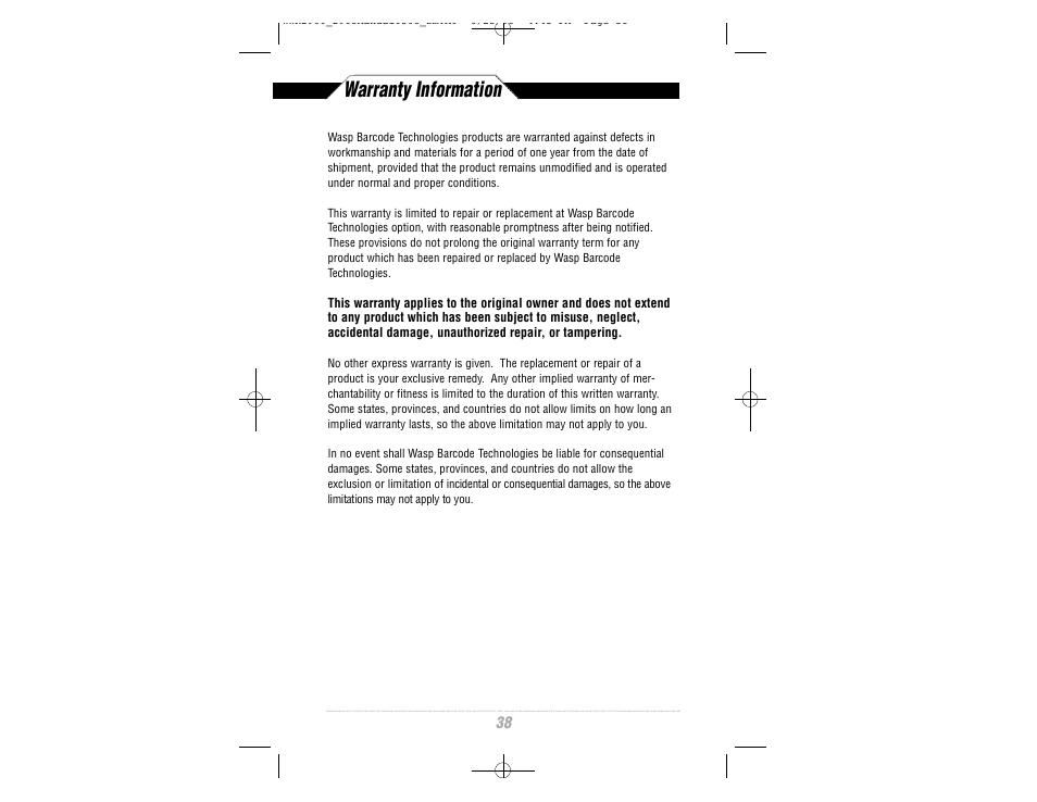 Warranty information | Wasp Bar Code WWR2900 User Manual | Page 40 / 44