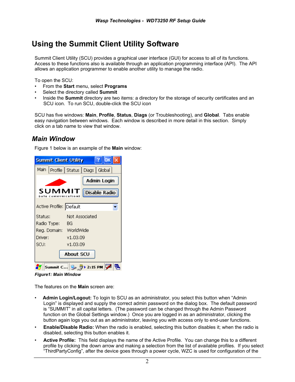 Using the summit client utility software, Main window | Wasp Bar Code WDT3250 RF User Manual | Page 4 / 9