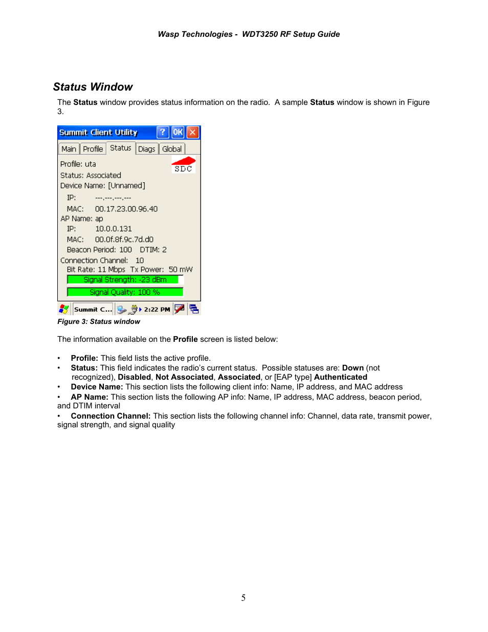 Status window | Wasp Bar Code WDT3250 RF User Manual | Page 7 / 9