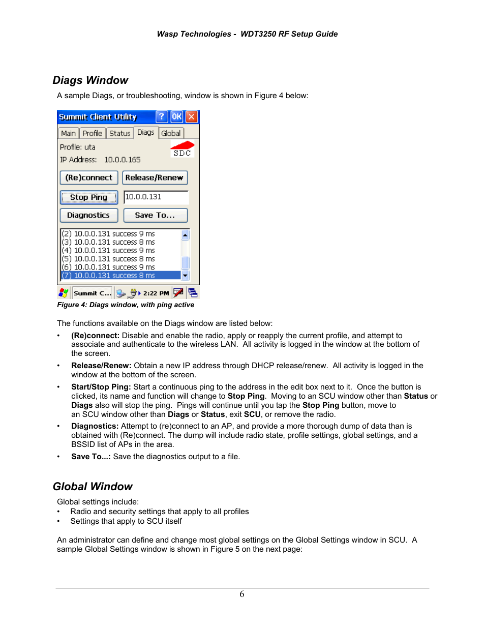 Diags window, Global window | Wasp Bar Code WDT3250 RF User Manual | Page 8 / 9
