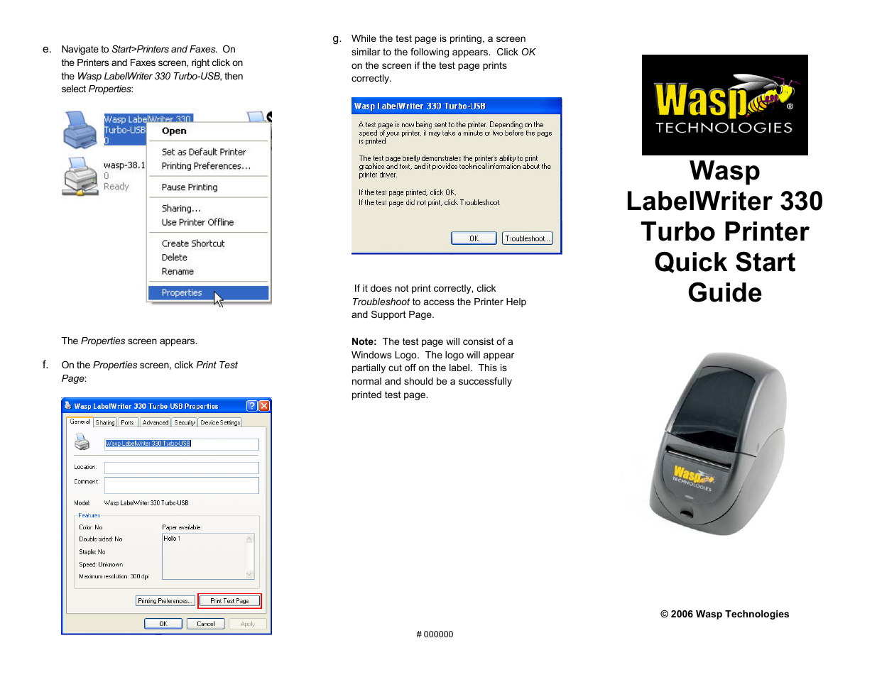 Wasp Bar Code LabelWriter 330 User Manual | 2 pages