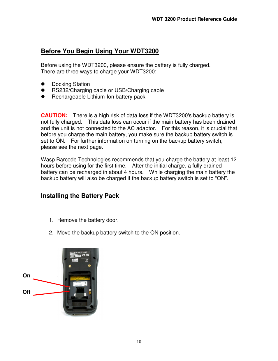 Before you begin using your wdt3200, Installing the battery pack | Wasp Bar Code WDT3200 User Manual | Page 10 / 28