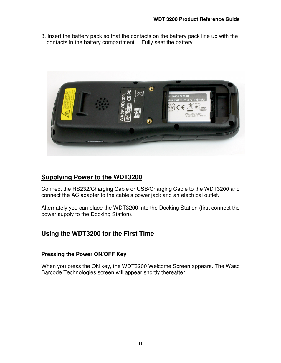Supplying power to the wdt3200, Using the wdt3200 for the first time | Wasp Bar Code WDT3200 User Manual | Page 11 / 28