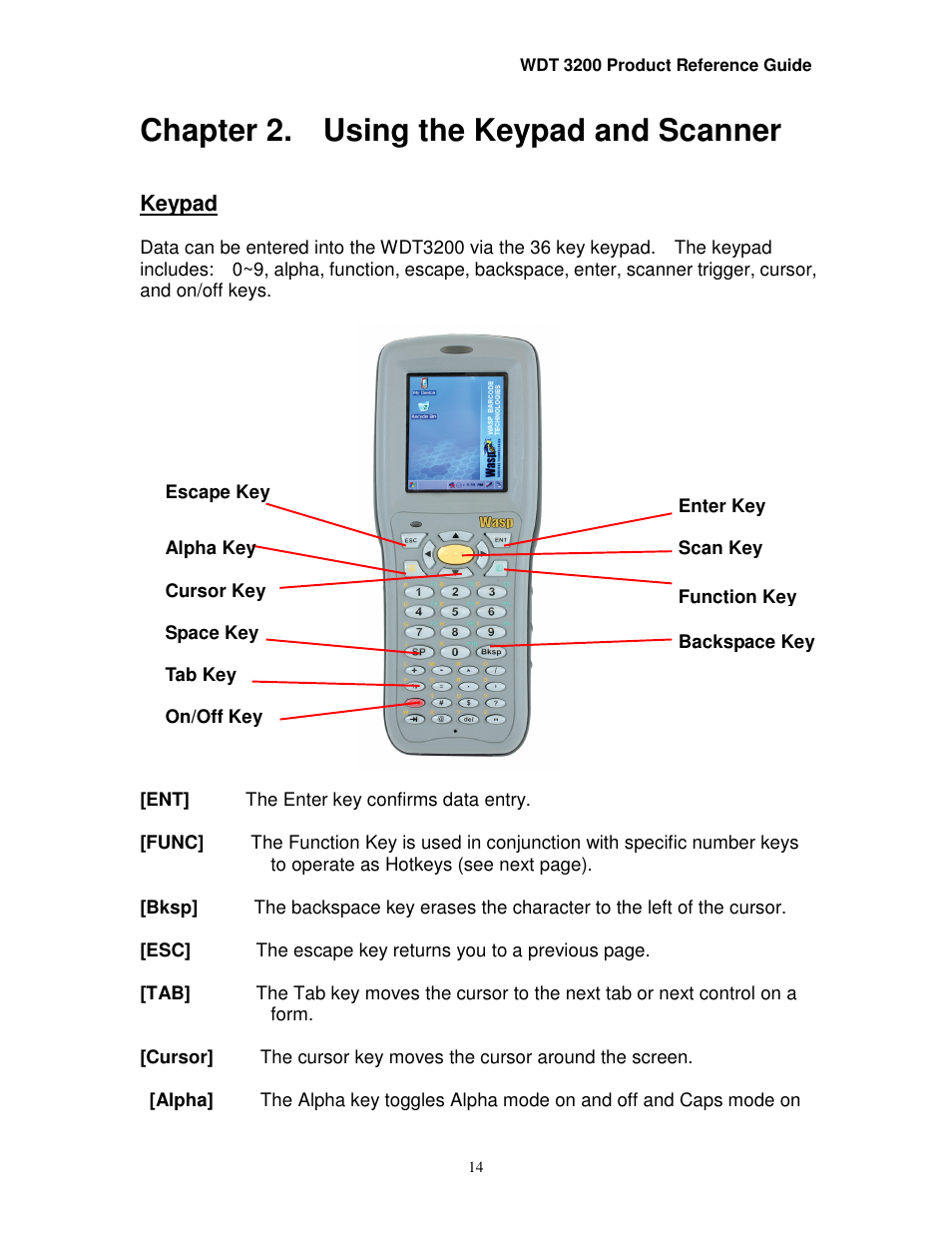 Chapter 2. using the keypad and scanner | Wasp Bar Code WDT3200 User Manual | Page 14 / 28