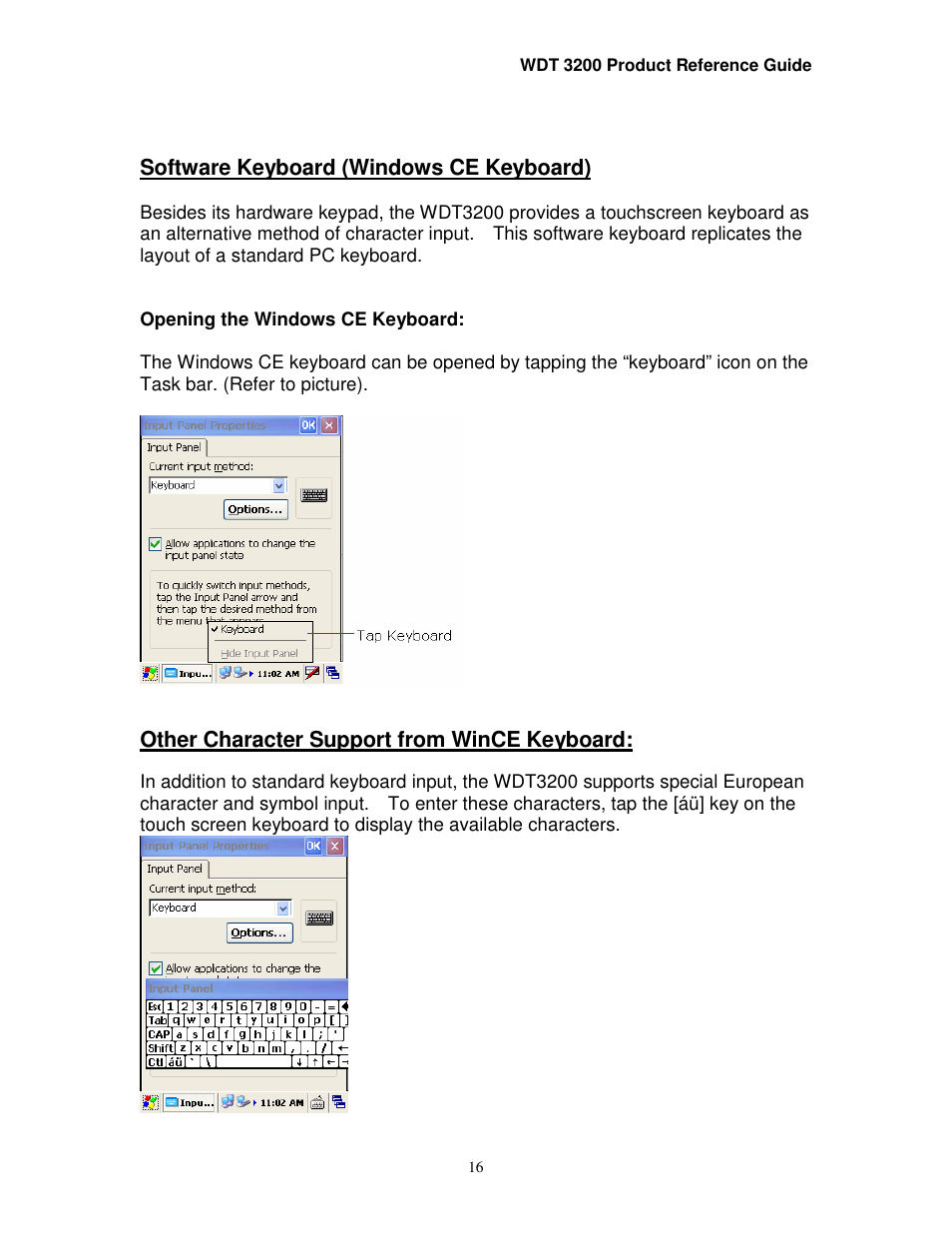 Software keyboard (windows ce keyboard), Other character support from wince keyboard | Wasp Bar Code WDT3200 User Manual | Page 16 / 28