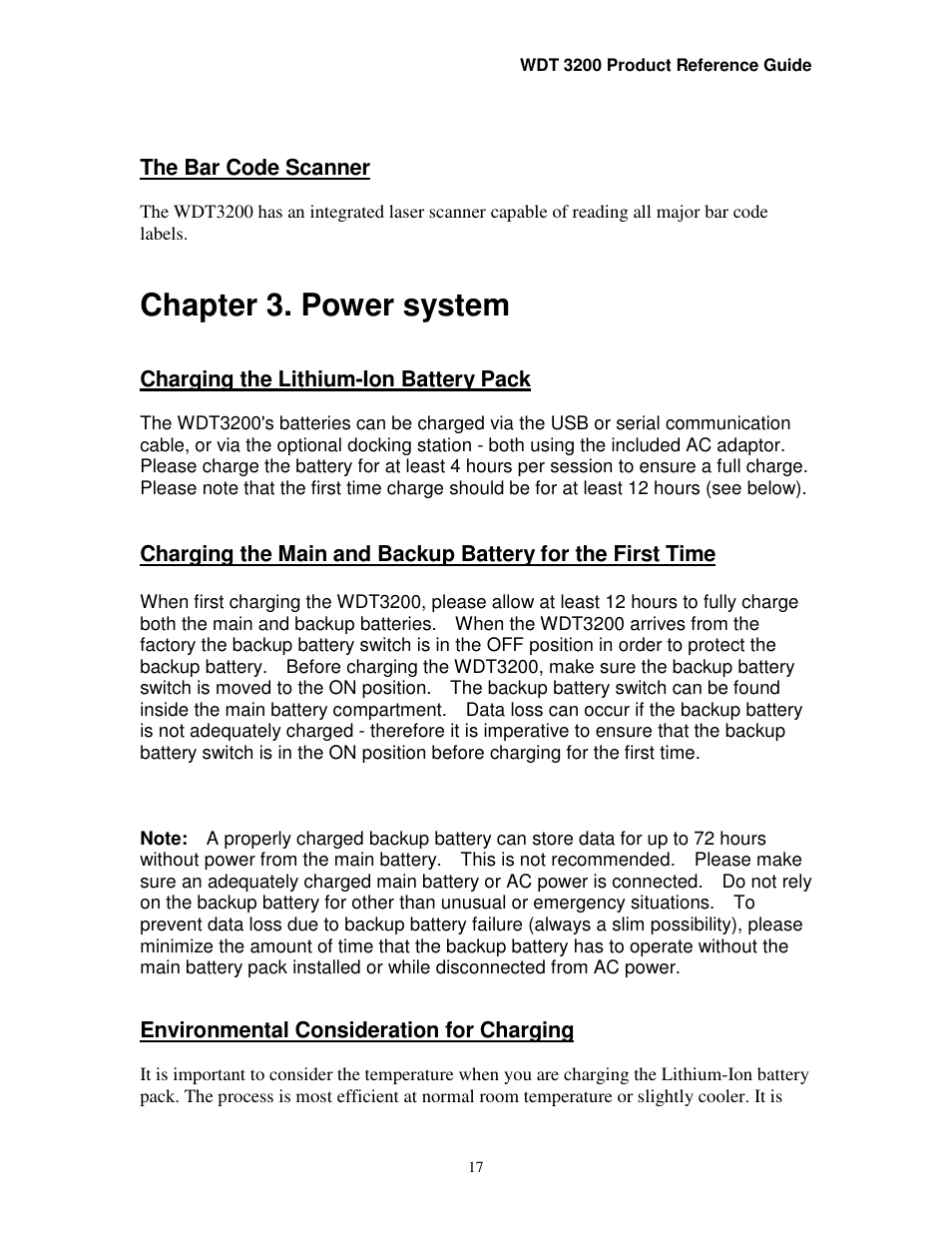 Chapter 3. power system | Wasp Bar Code WDT3200 User Manual | Page 17 / 28