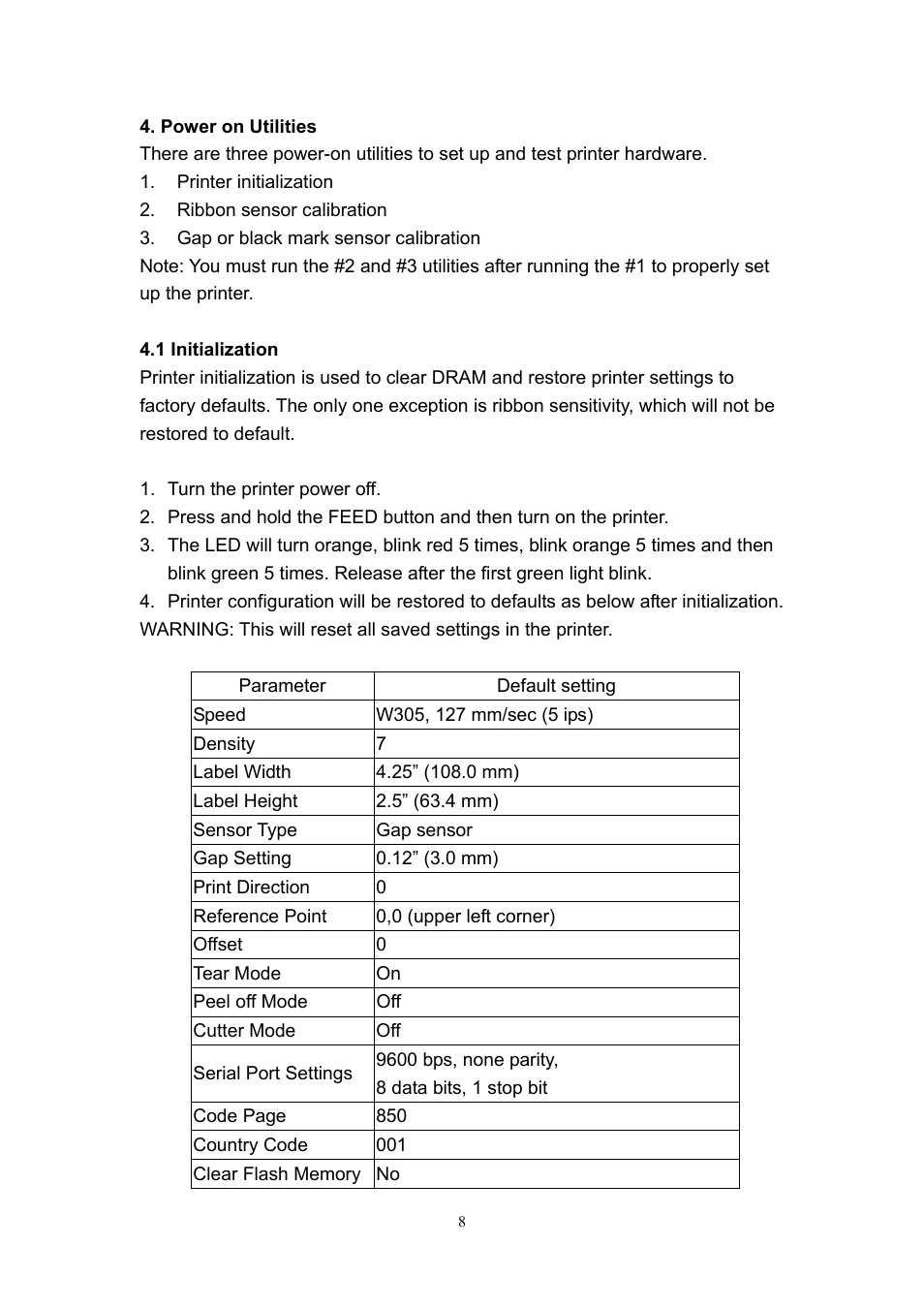 Power on utilities, 1 initialization | Wasp Bar Code Wasp WPL305 User Manual | Page 10 / 18