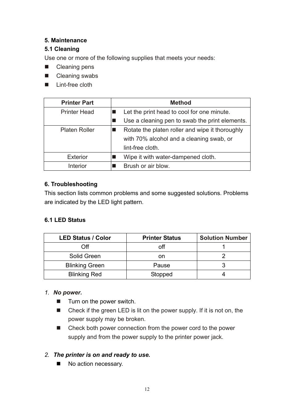 Maintenance, 1 cleaning, Troubleshooting | 1 led status | Wasp Bar Code Wasp WPL305 User Manual | Page 14 / 18