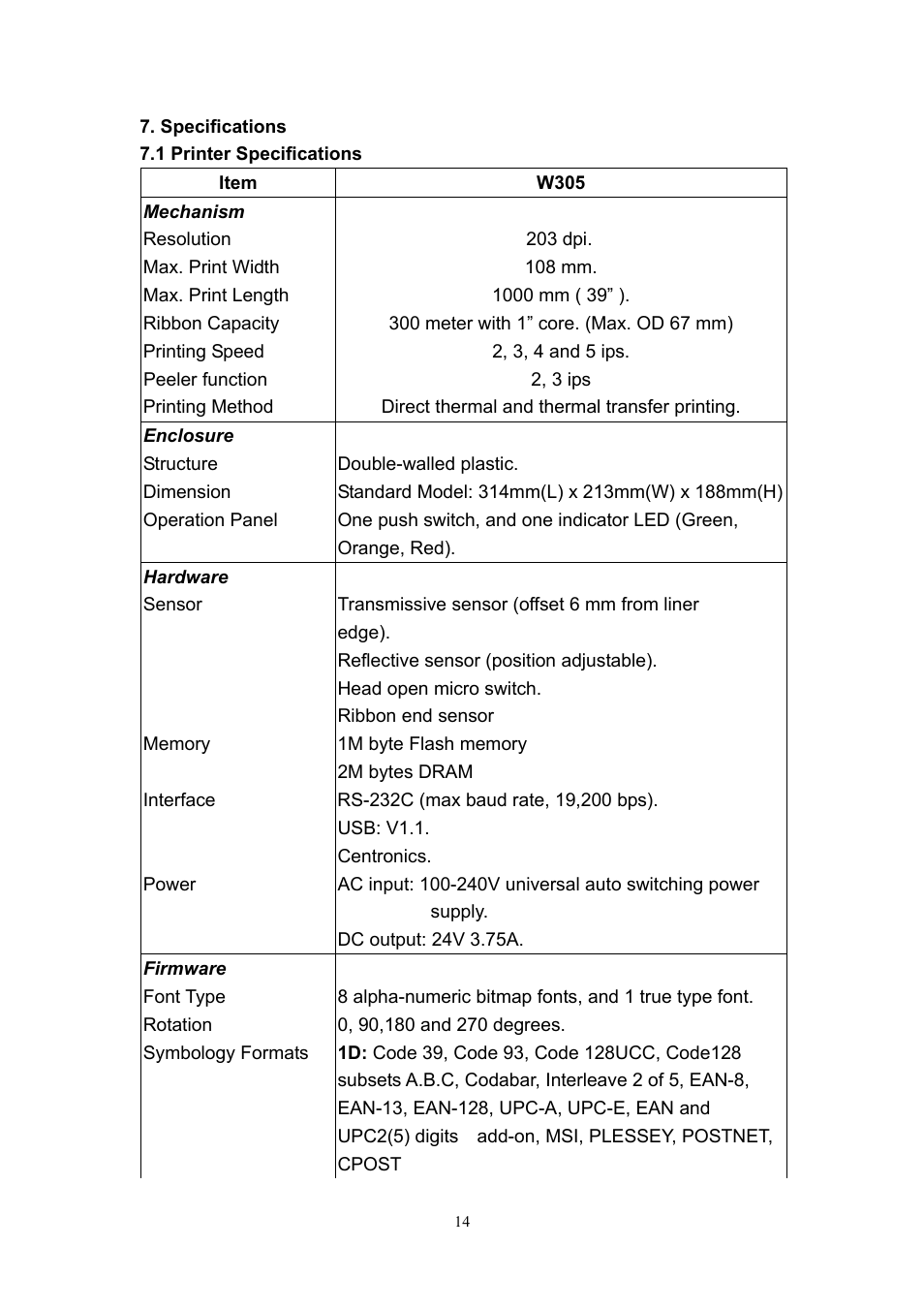 Specifications, 1 printer specifications, Mechanism | Enclosure, Structure, Dimension, Operation panel, Hardware, Sensor, Memory | Wasp Bar Code Wasp WPL305 User Manual | Page 16 / 18