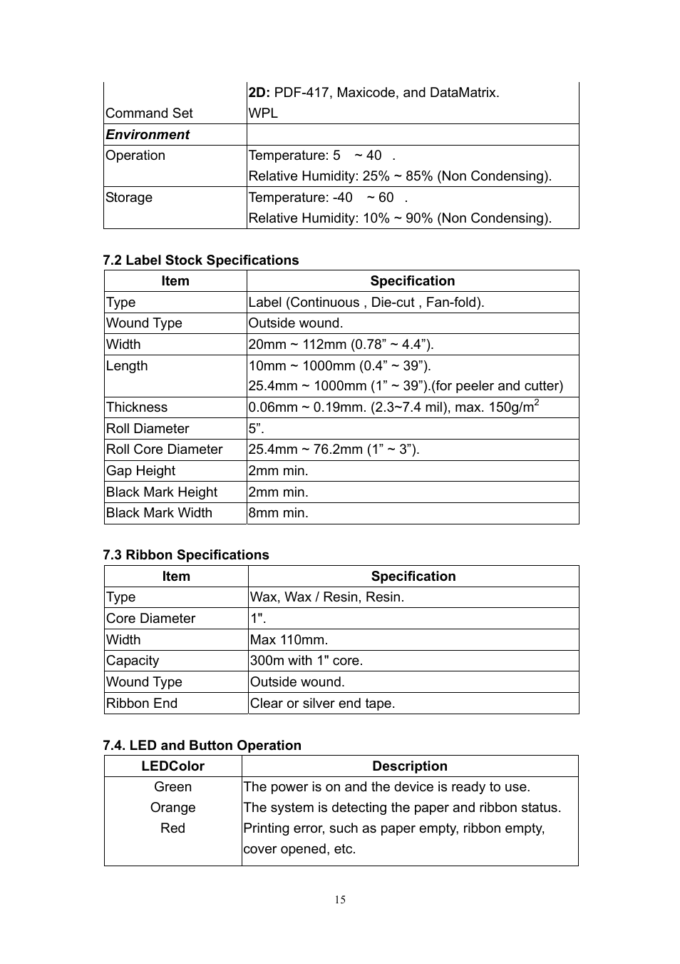 2 label stock specifications, 3 ribbon specifications, Led and button operation | Wasp Bar Code Wasp WPL305 User Manual | Page 17 / 18