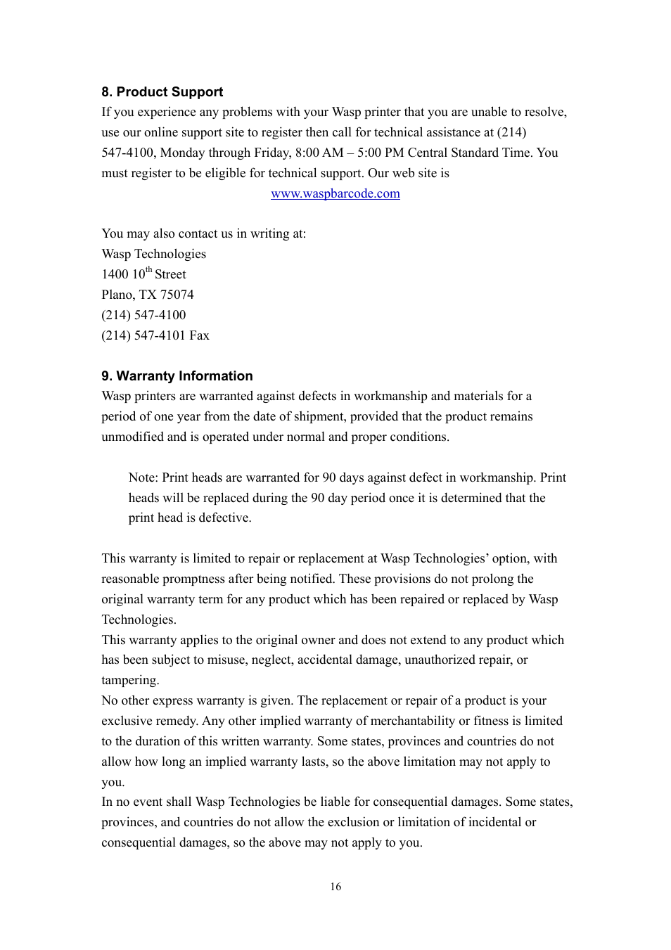 Product support, Warranty information, Product support 9. warranty information | Wasp Bar Code Wasp WPL305 User Manual | Page 18 / 18