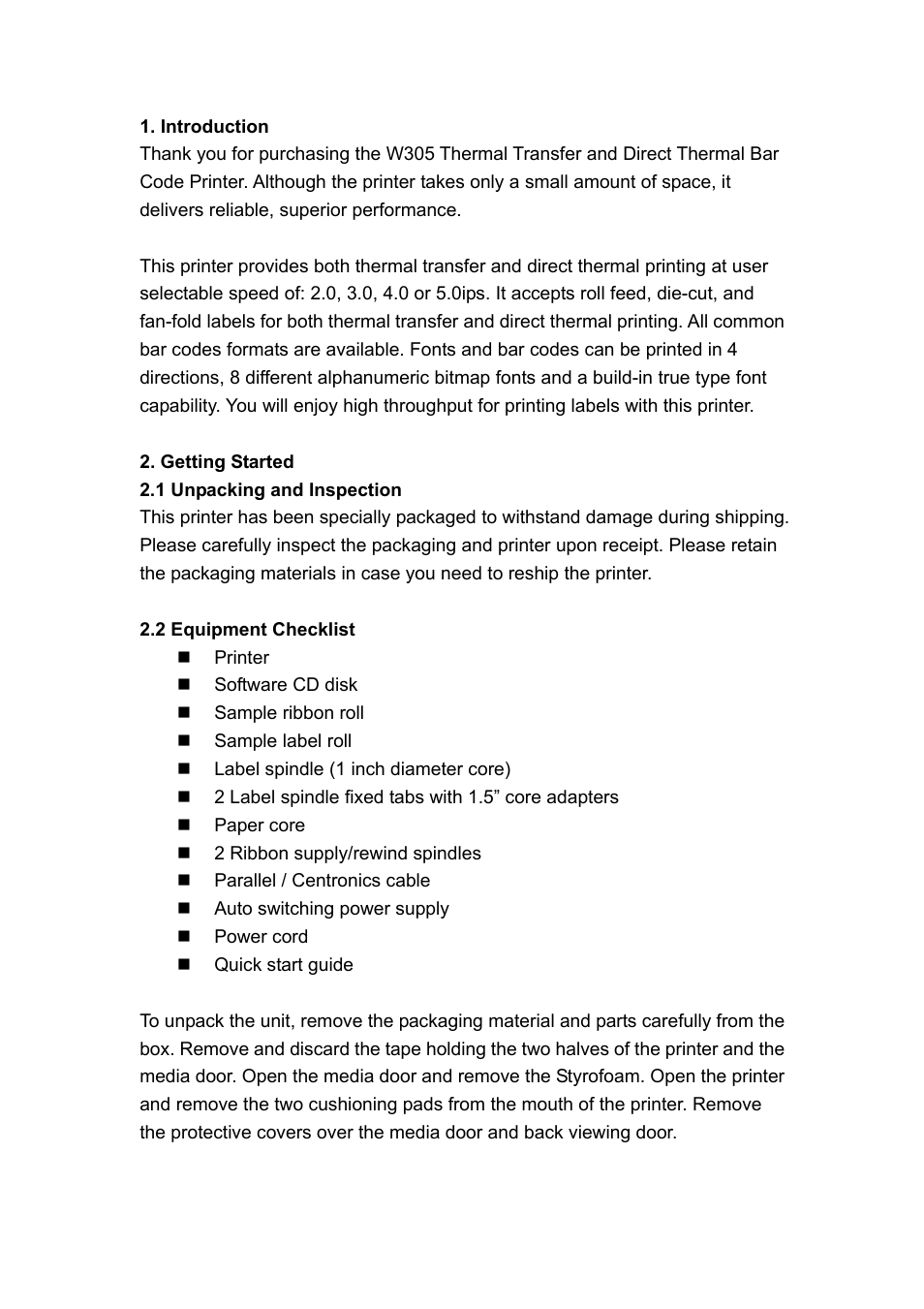 Introduction, Getting started, 1 unpacking and inspection | 2 equipment checklist, Introduction 2. getting started | Wasp Bar Code Wasp WPL305 User Manual | Page 3 / 18