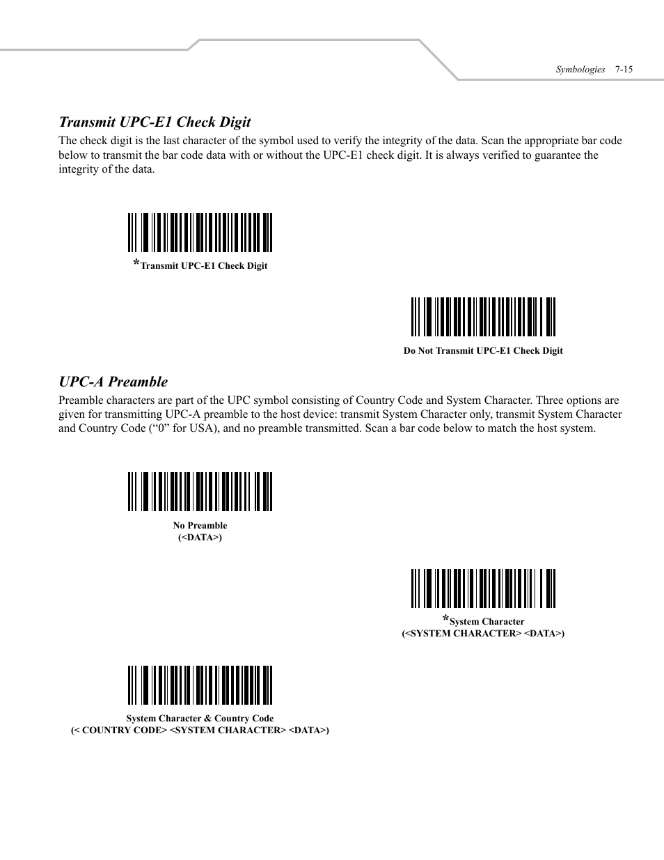 Transmit upc-e1 check digit, Upc-a preamble | Wasp Bar Code WLS 9500 User Manual | Page 103 / 189