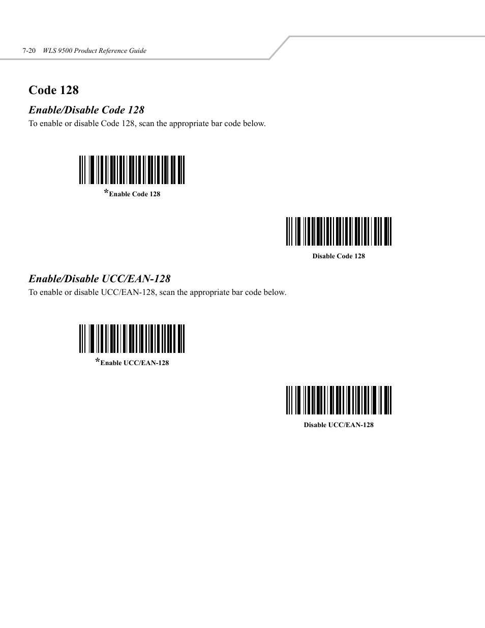 Code 128, Enable/disable code 128, Enable/disable ucc/ean-128 | Wasp Bar Code WLS 9500 User Manual | Page 108 / 189