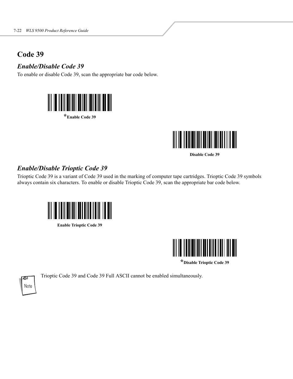 Code 39, Enable/disable code 39, Enable/disable trioptic code 39 | Wasp Bar Code WLS 9500 User Manual | Page 110 / 189