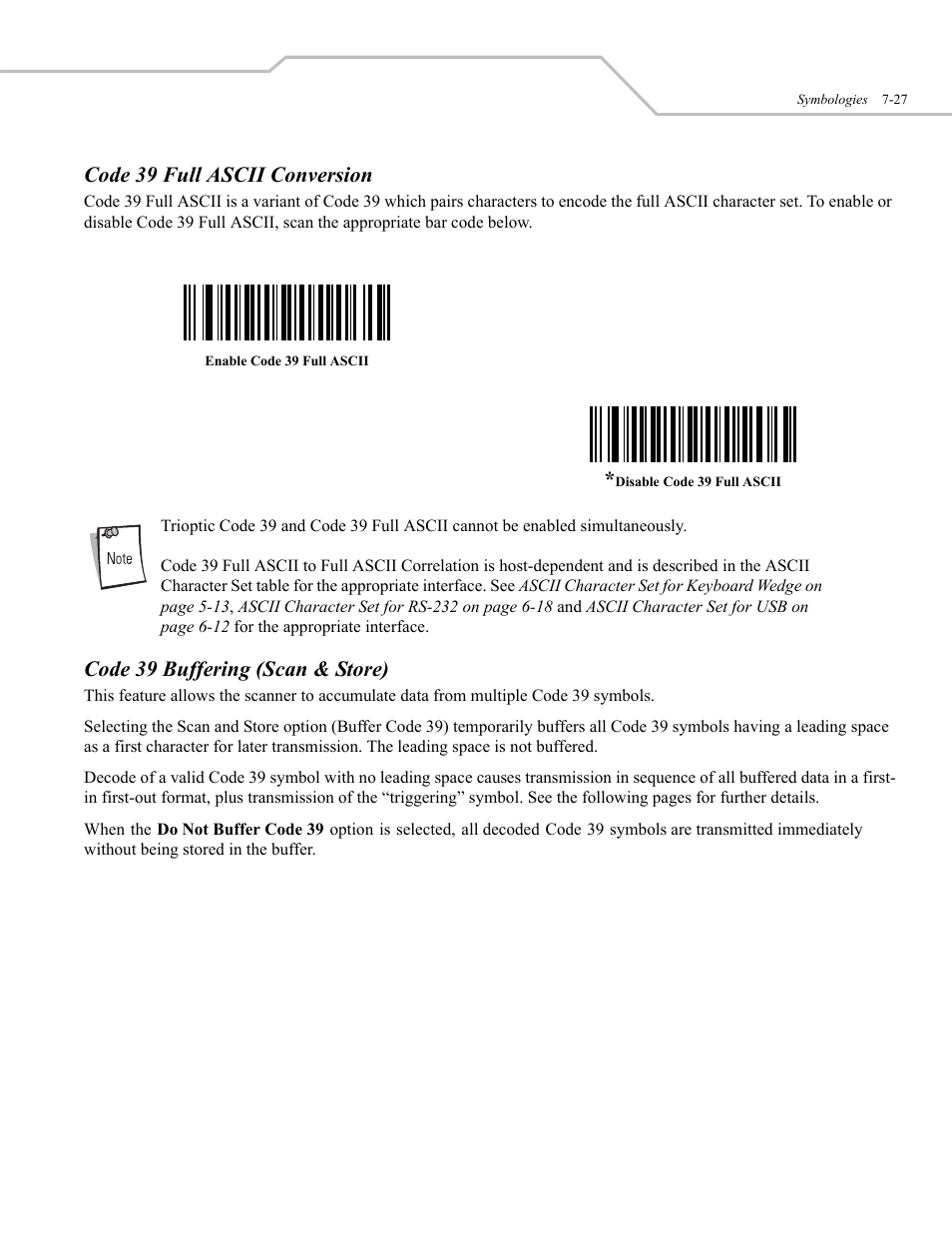 Code 39 full ascii conversion, Code 39 buffering (scan & store) | Wasp Bar Code WLS 9500 User Manual | Page 115 / 189