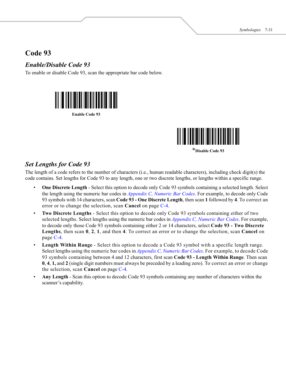 Code 93, Enable/disable code 93, Set lengths for code 93 | Wasp Bar Code WLS 9500 User Manual | Page 119 / 189