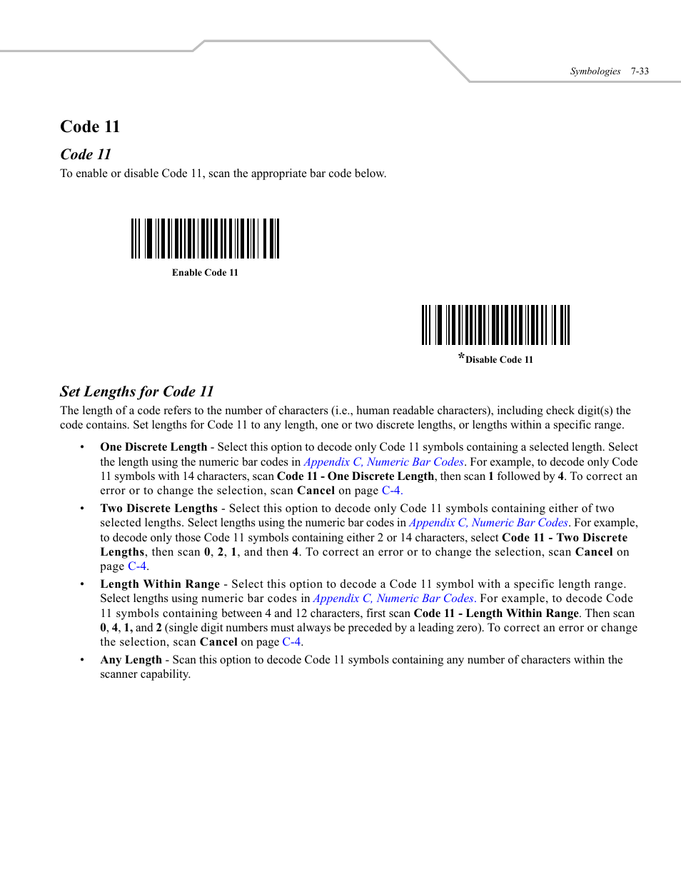 Code 11, Set lengths for code 11 | Wasp Bar Code WLS 9500 User Manual | Page 121 / 189