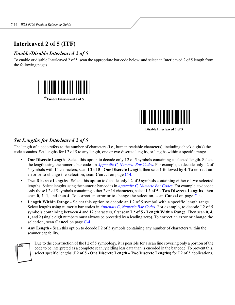 Interleaved 2 of 5 (itf), Enable/disable interleaved 2 of 5, Set lengths for interleaved 2 of 5 | Wasp Bar Code WLS 9500 User Manual | Page 124 / 189