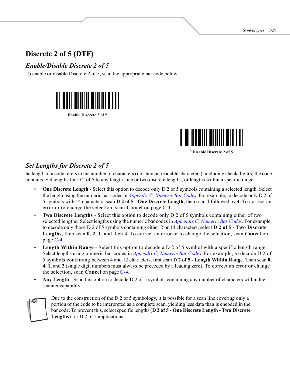 Discrete 2 of 5 (dtf), Enable/disable discrete 2 of 5, Set lengths for discrete 2 of 5 | Wasp Bar Code WLS 9500 User Manual | Page 127 / 189