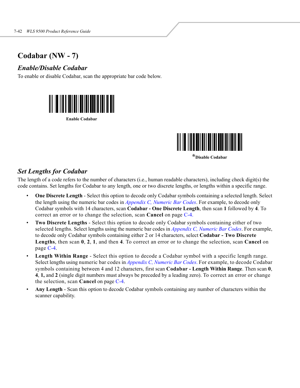 Codabar (nw-7), Codabar (nw - 7), Enable/disable codabar | Set lengths for codabar | Wasp Bar Code WLS 9500 User Manual | Page 130 / 189