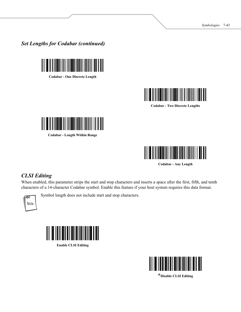 Set lengths for codabar (continued), Clsi editing | Wasp Bar Code WLS 9500 User Manual | Page 131 / 189
