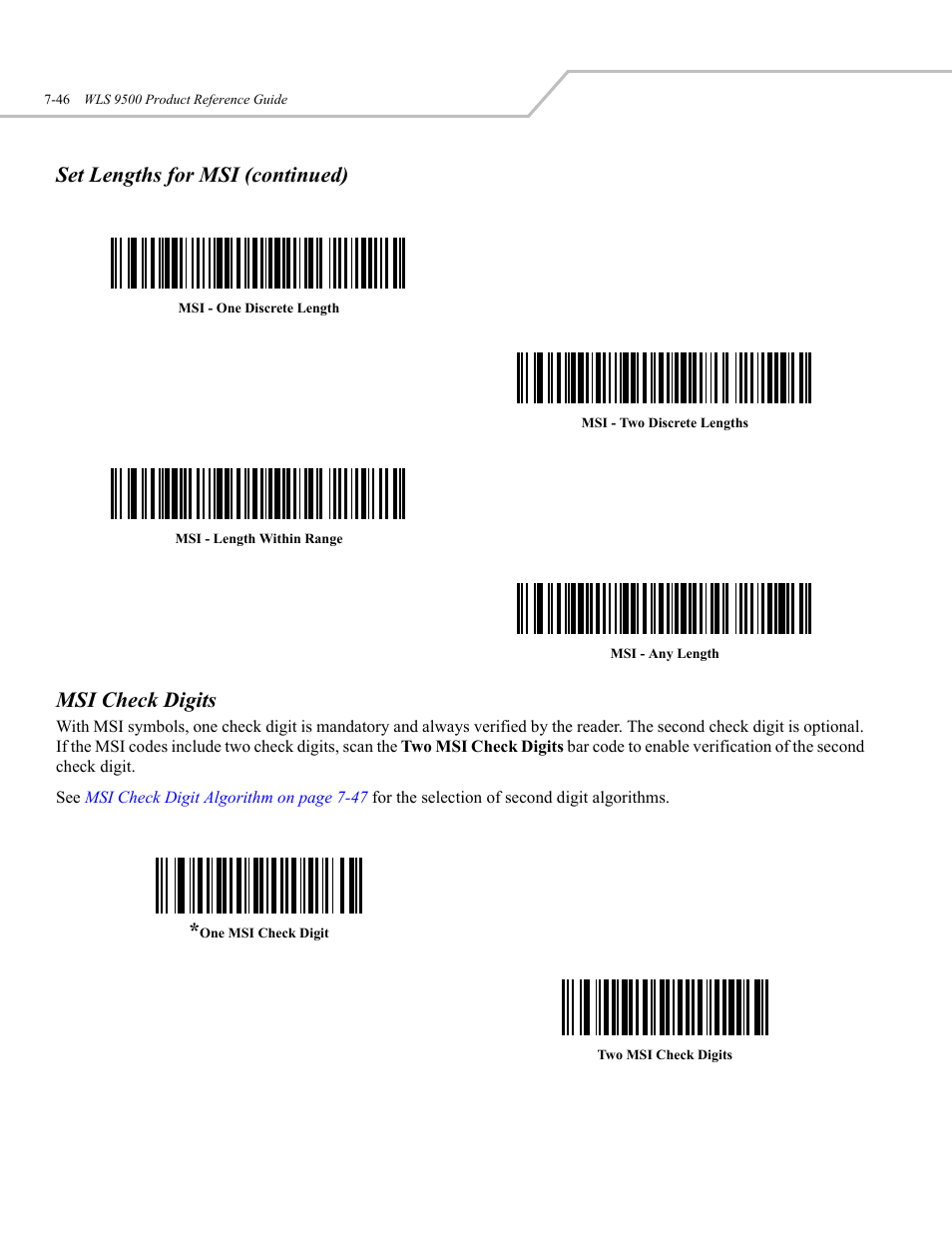 Set lengths for msi (continued) msi check digits | Wasp Bar Code WLS 9500 User Manual | Page 134 / 189