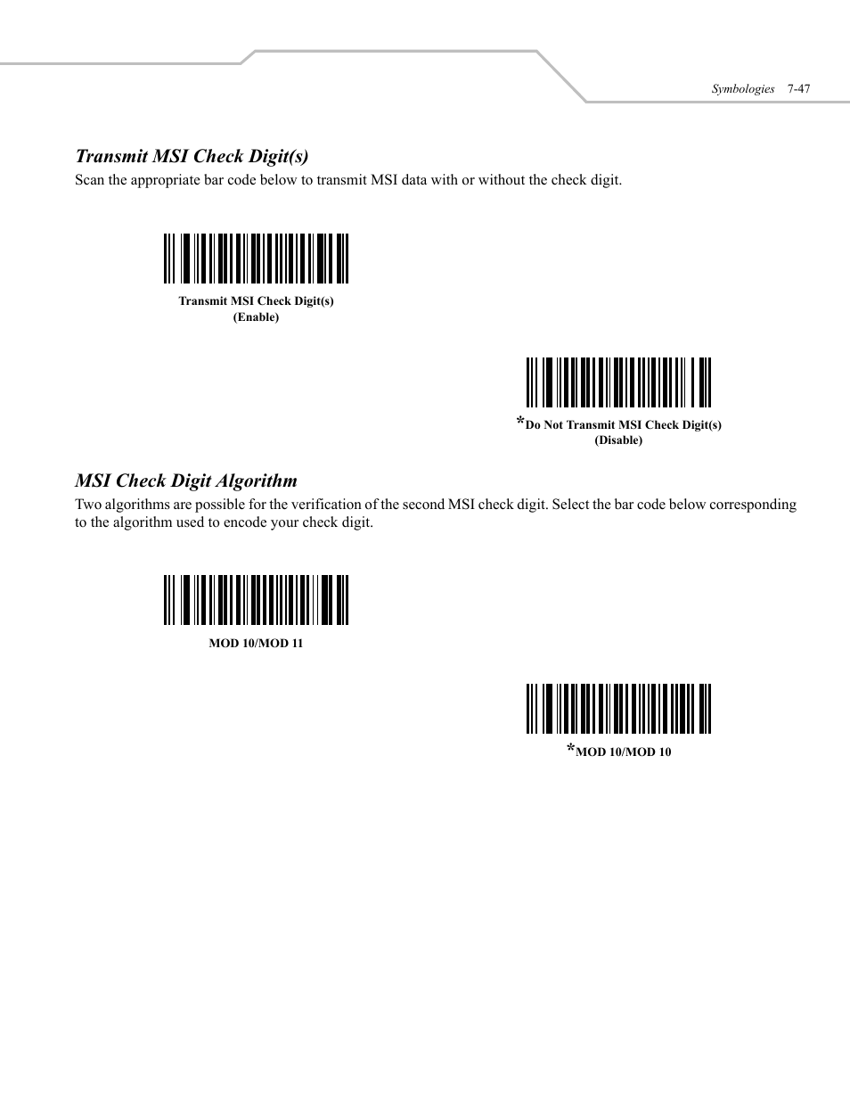 Transmit msi check digit(s), Msi check digit algorithm | Wasp Bar Code WLS 9500 User Manual | Page 135 / 189