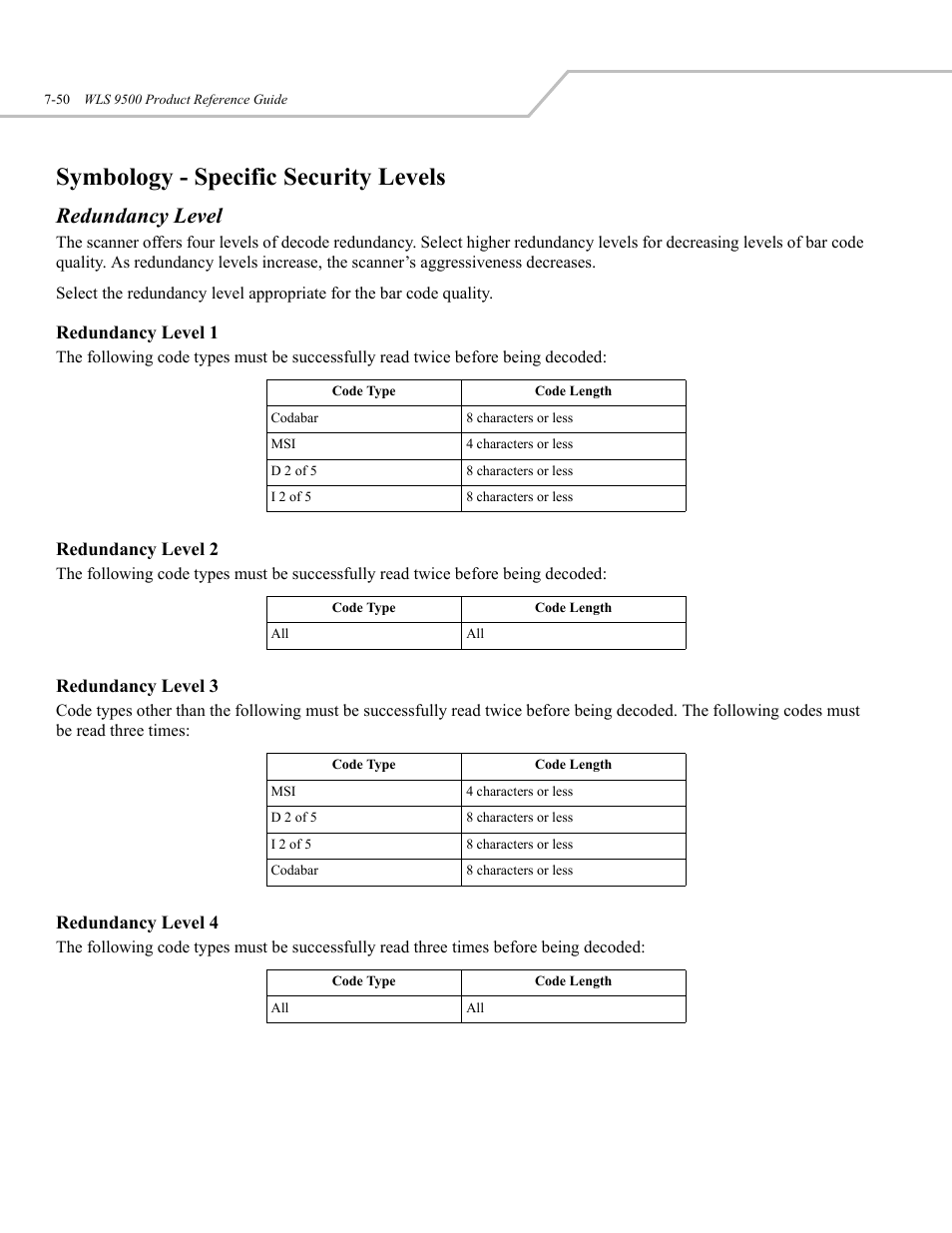 Symbology - specific security levels, Redundancy level | Wasp Bar Code WLS 9500 User Manual | Page 138 / 189
