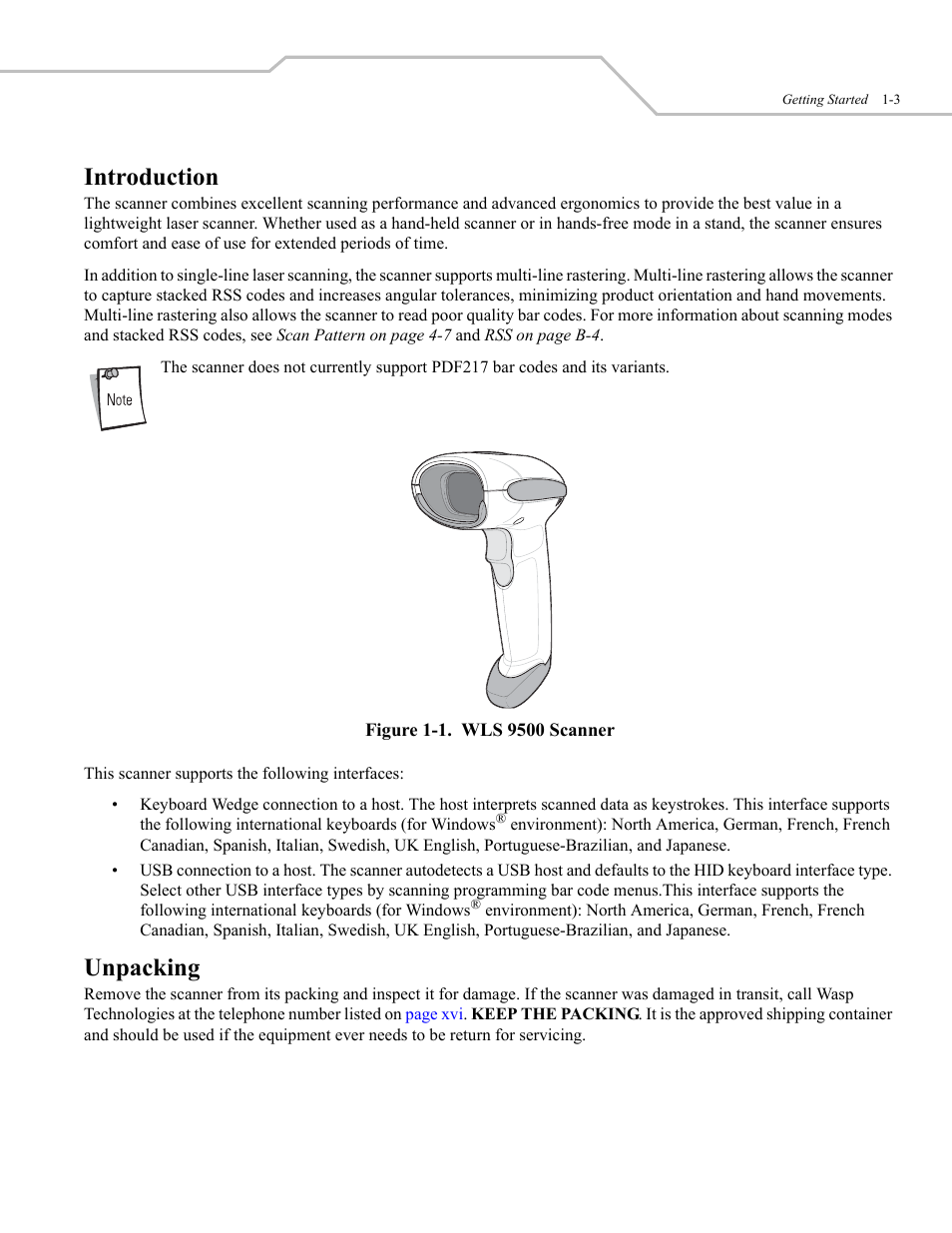 Unpacking, Introduction | Wasp Bar Code WLS 9500 User Manual | Page 17 / 189