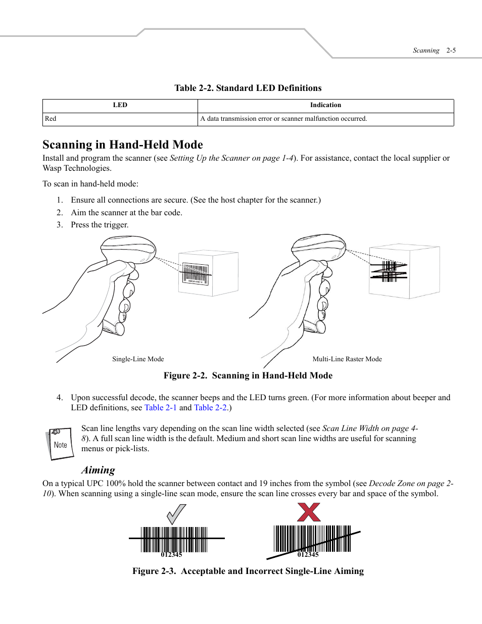Scanning in hand-held mode, Aiming | Wasp Bar Code WLS 9500 User Manual | Page 23 / 189