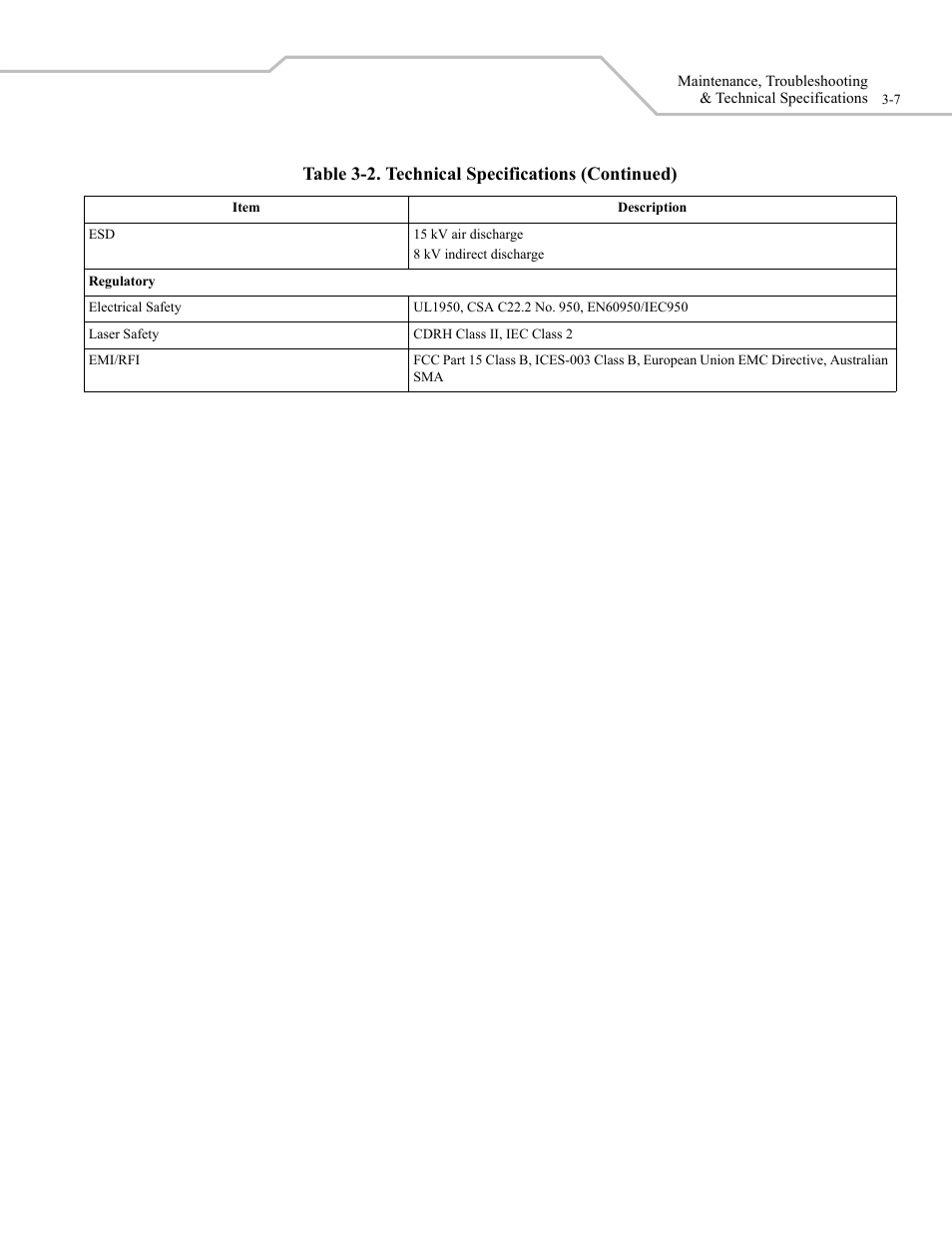 Table 3-2. technical specifications (continued) | Wasp Bar Code WLS 9500 User Manual | Page 35 / 189