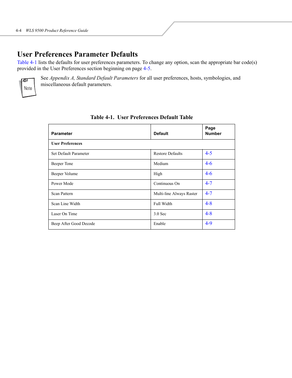 User preferences parameter defaults | Wasp Bar Code WLS 9500 User Manual | Page 40 / 189