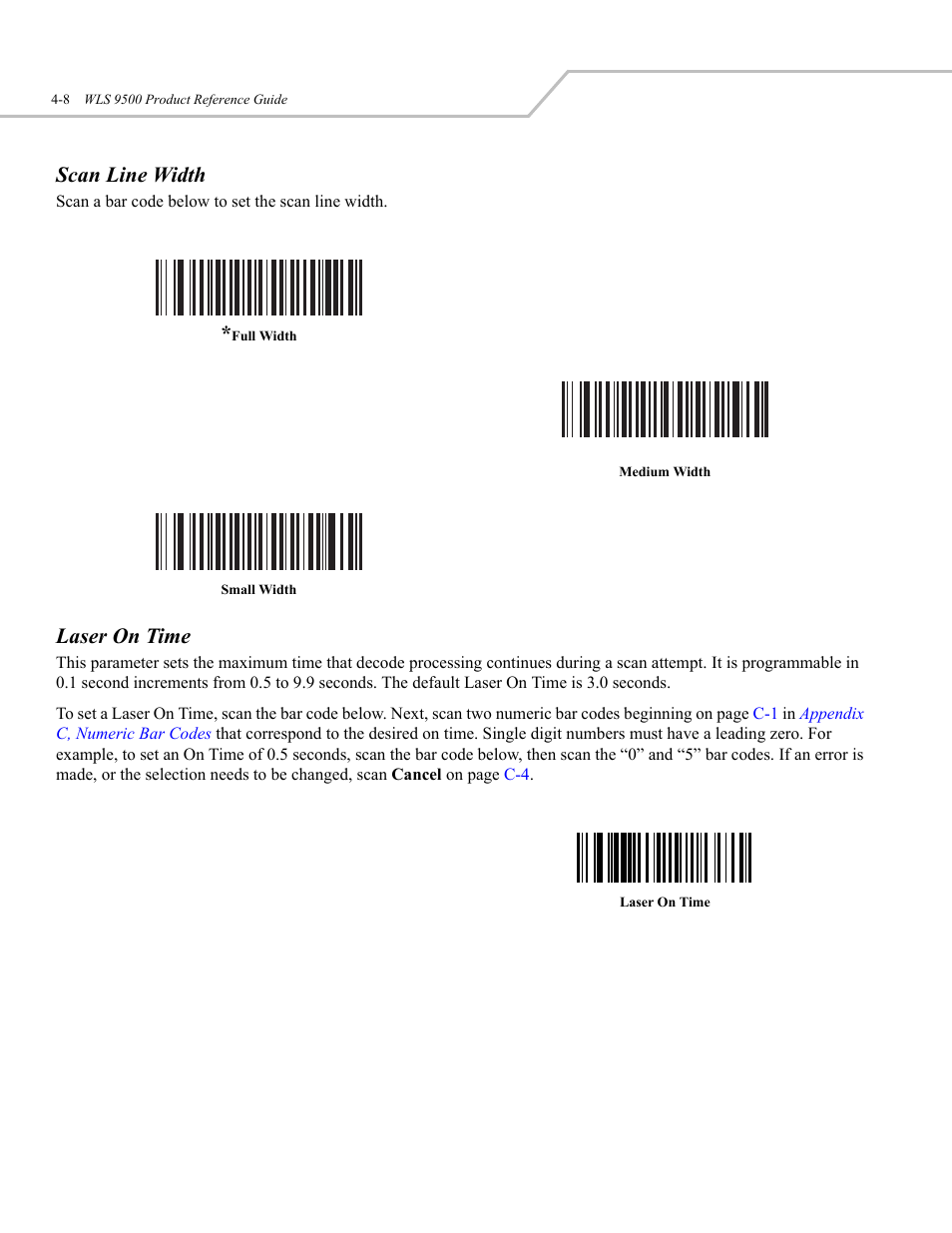 Scan line width, Laser on time | Wasp Bar Code WLS 9500 User Manual | Page 44 / 189