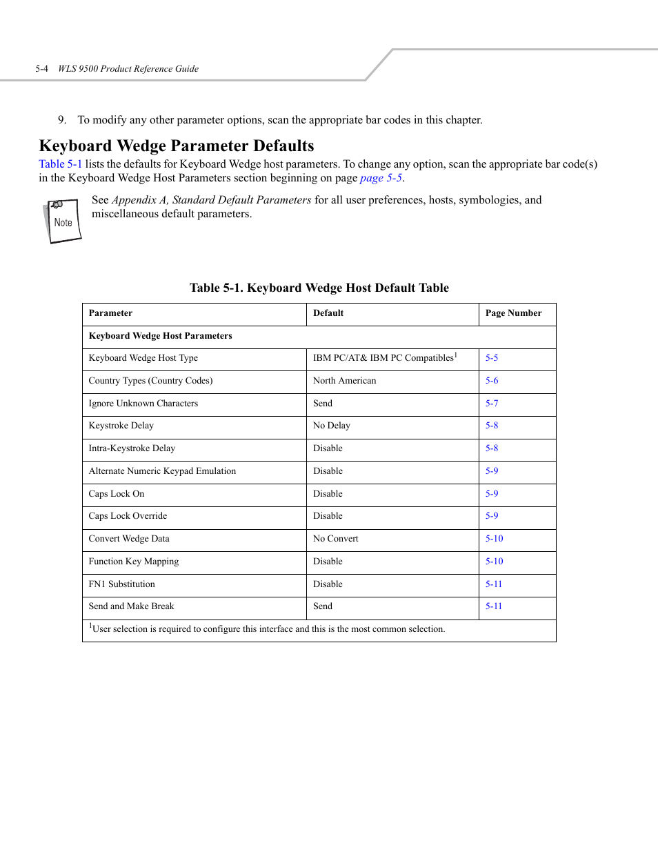 Keyboard wedge parameter defaults, Keyboard wedge host parameters, Table 5-1. keyboard wedge host default table | Wasp Bar Code WLS 9500 User Manual | Page 50 / 189